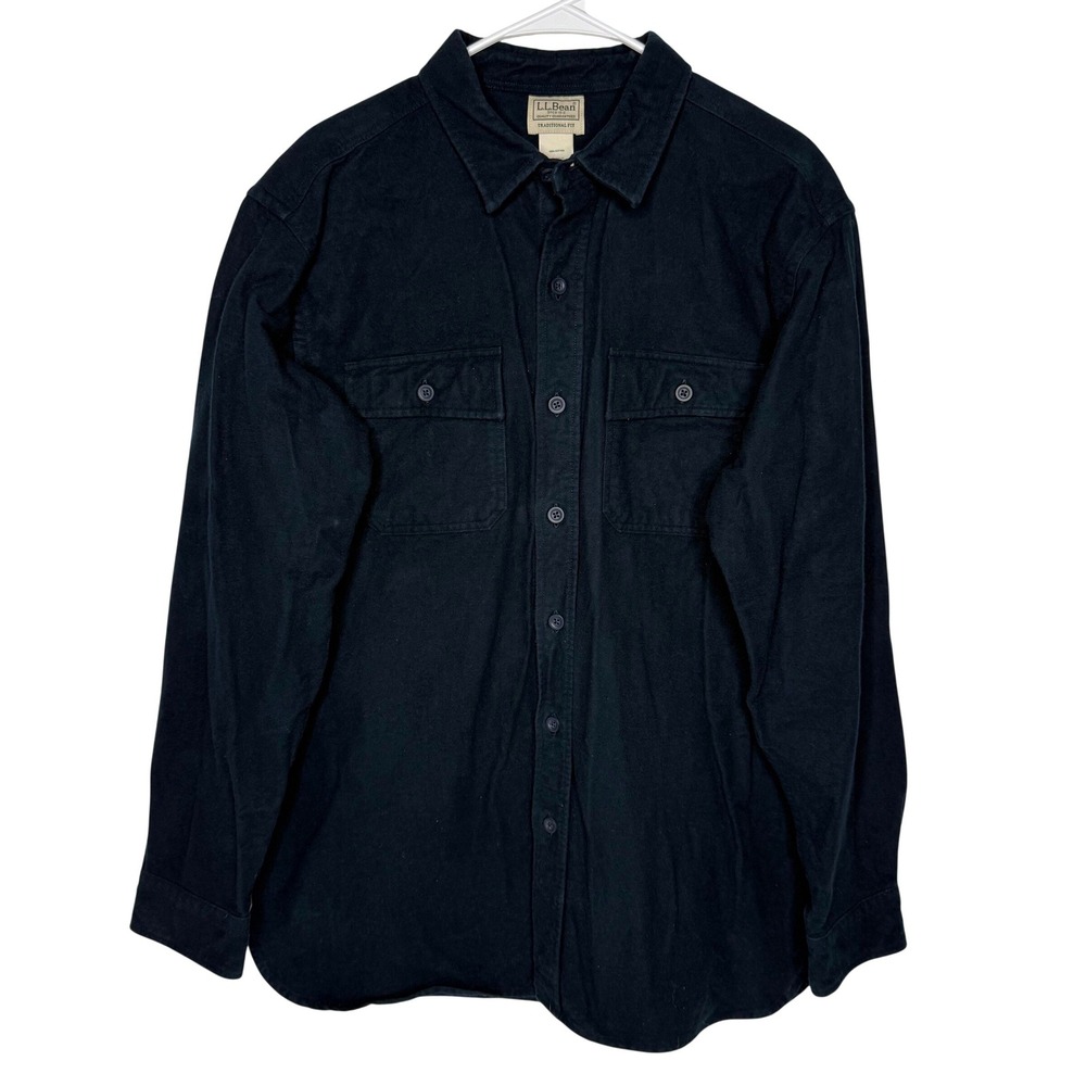 LL Bean Mens Traditional Fit Cotton Chamois Shirt Navy Blue Long Sleeve L 187923